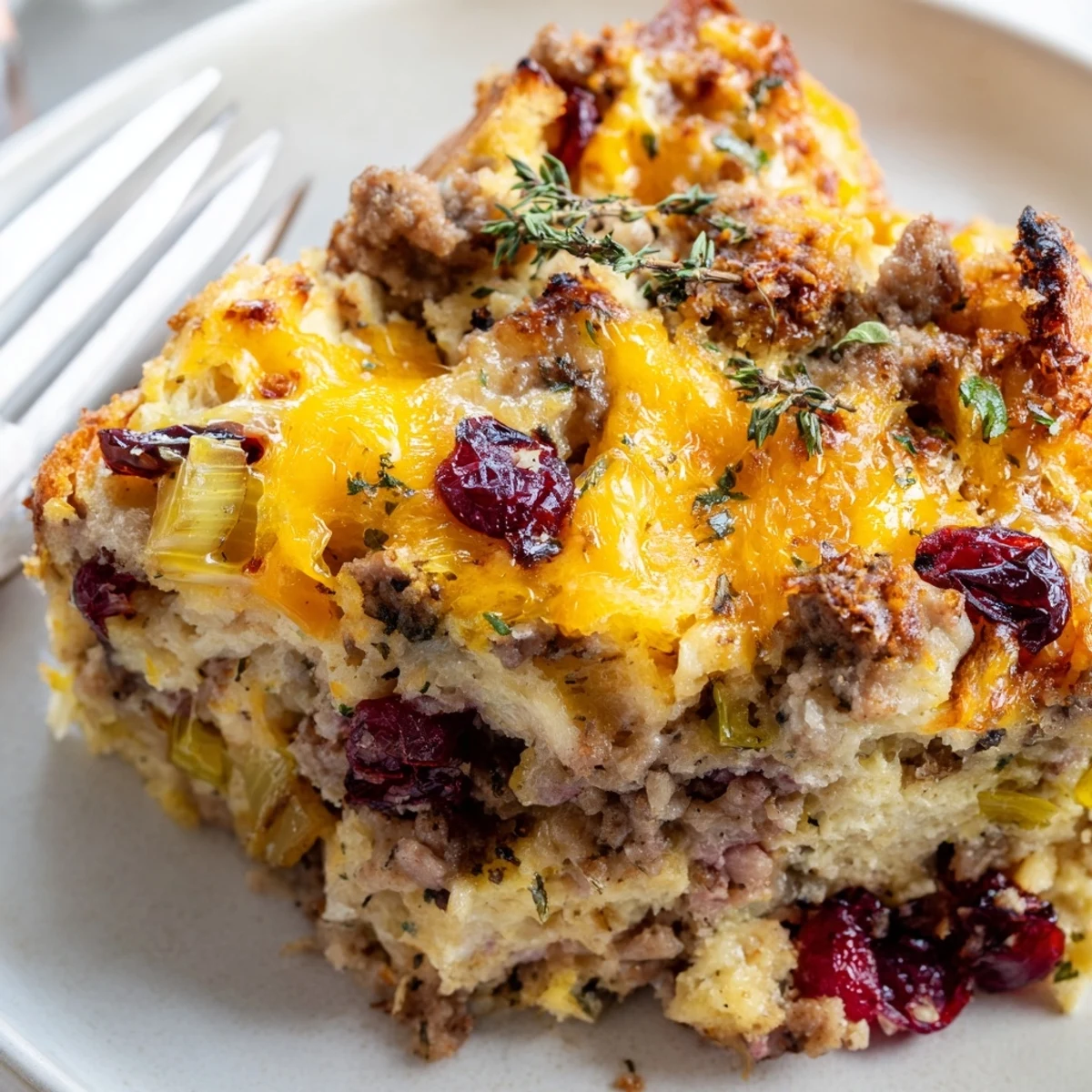Golden baked cranberry sausage stuffing breakfast casserole with melted cheddar and fresh herbs