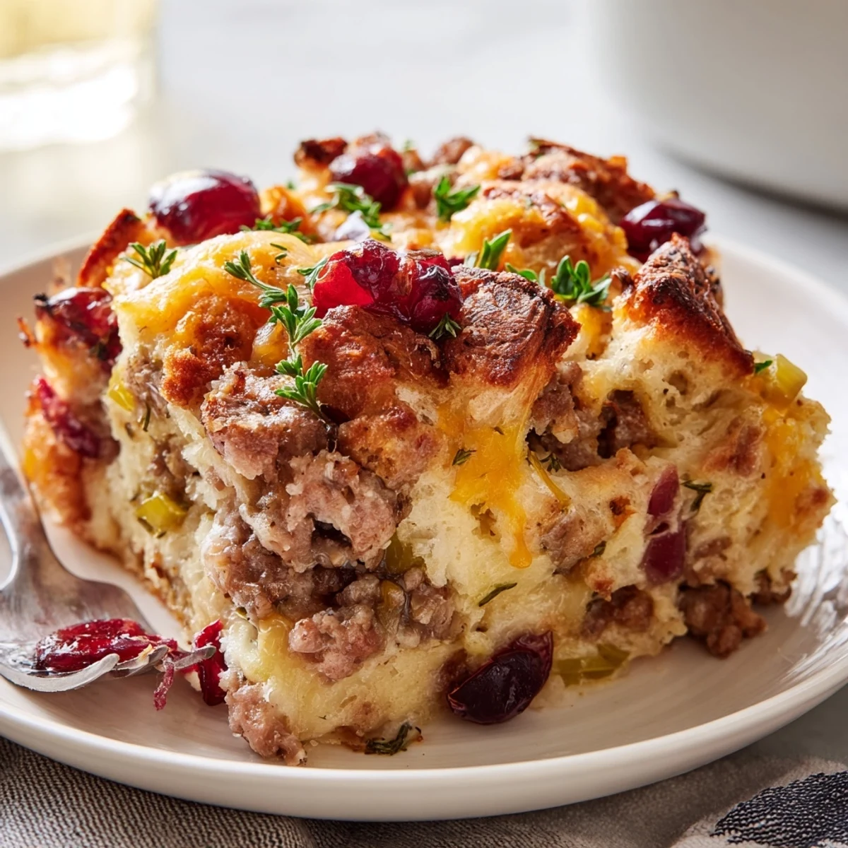 Steaming spoonful of cranberry sausage stuffing breakfast casserole scooped from a rustic baking dish