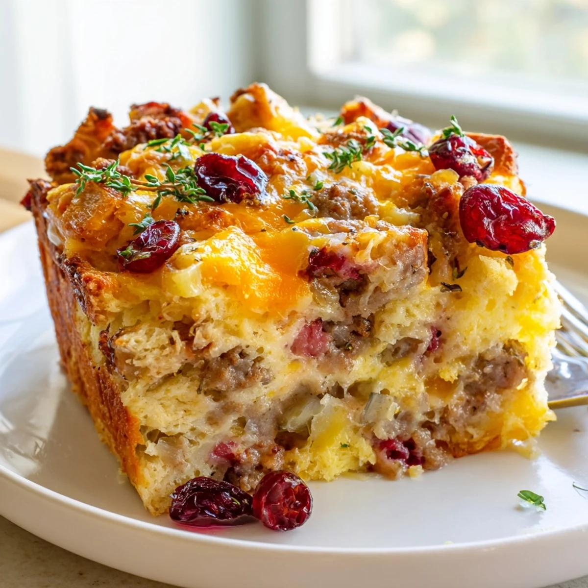 Cranberry sausage stuffing breakfast casserole with crispy golden crust garnished with chopped parsley