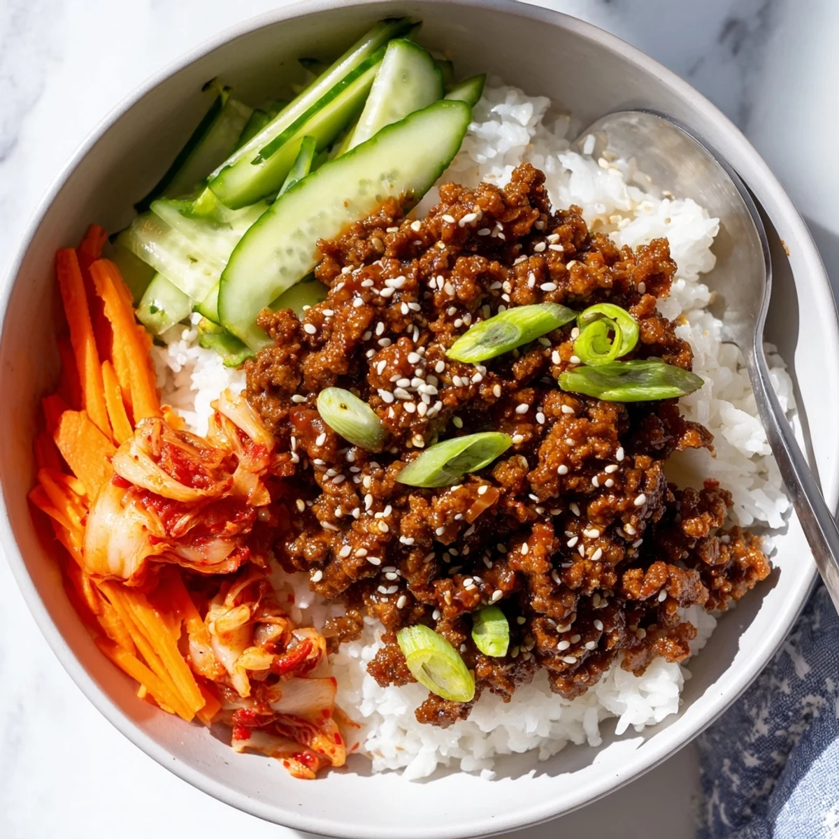 Steaming Korean ground beef bowl topped with sesame seeds and fresh julienned vegetables