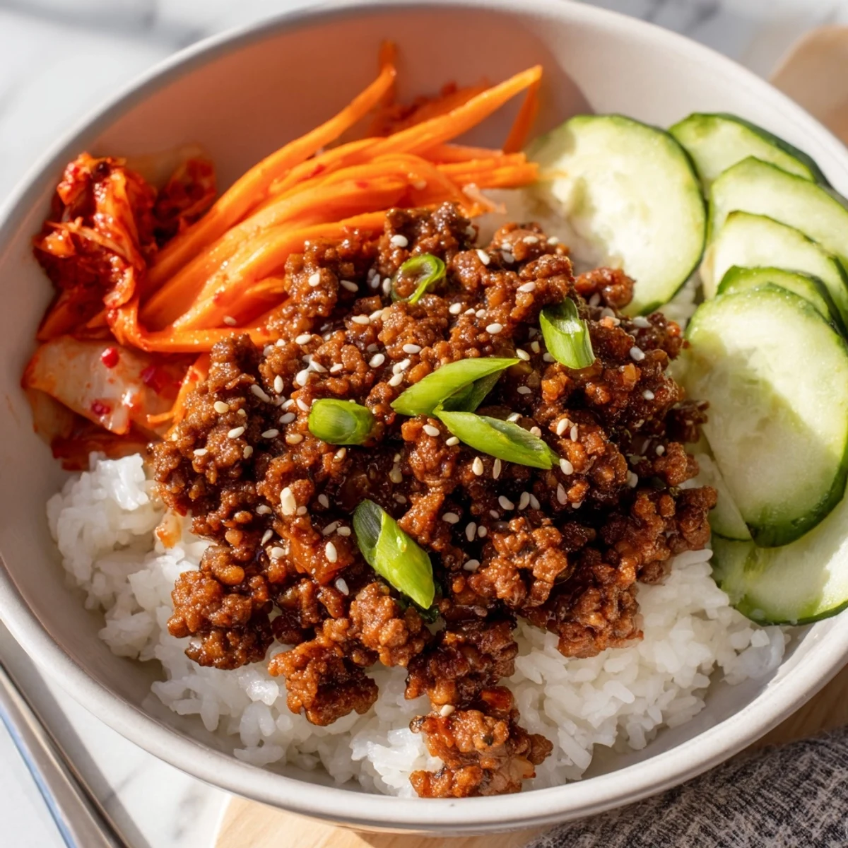 Colorful Korean ground beef bowl garnished with green onions and crisp cucumber slices