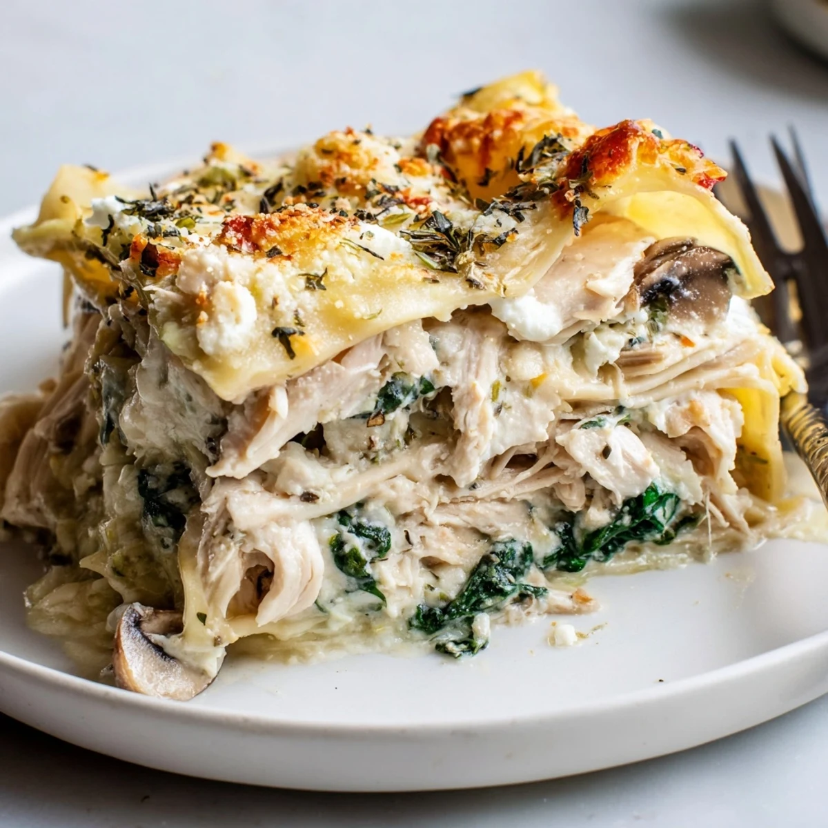 Creamy white chicken lasagna with golden bubbly cheese baked in a rustic dish