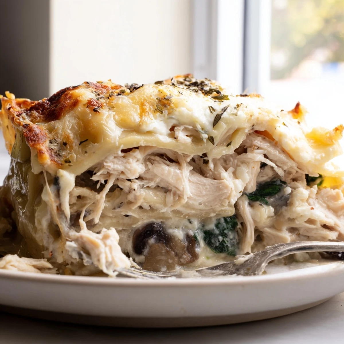 White chicken lasagna sliced to reveal tender chicken spinach and gooey cheese layers