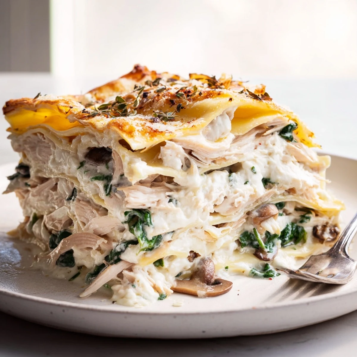 Steaming white chicken lasagna topped with melted mozzarella and Parmesan in a baking pan