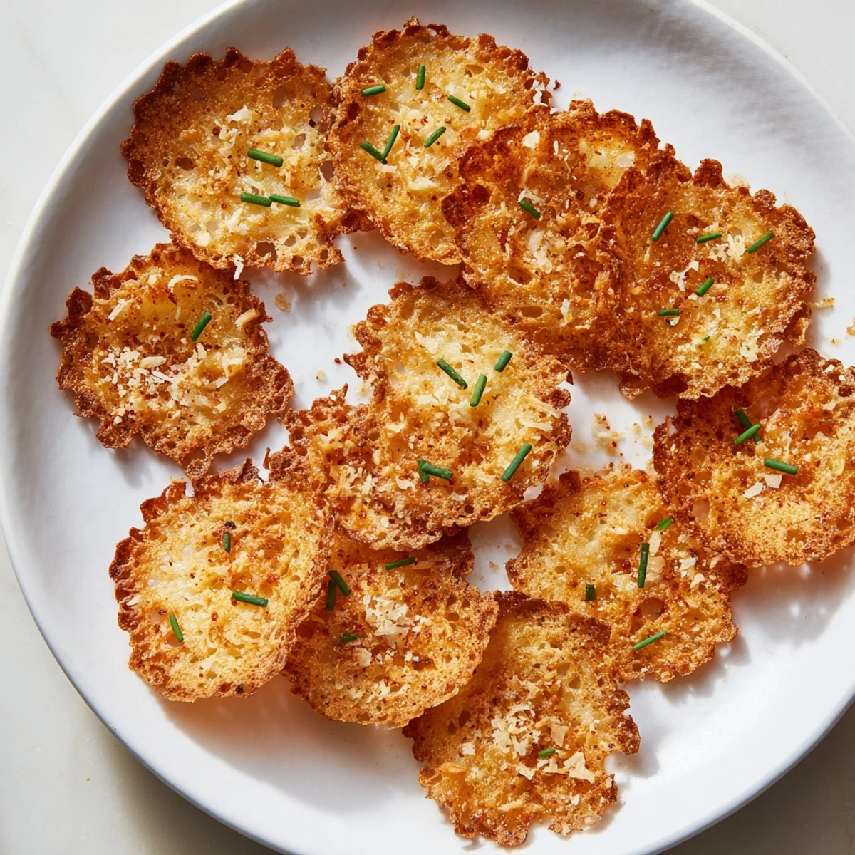Golden crispy cottage cheese chips sprinkled with parmesan on a parchment-lined baking sheet