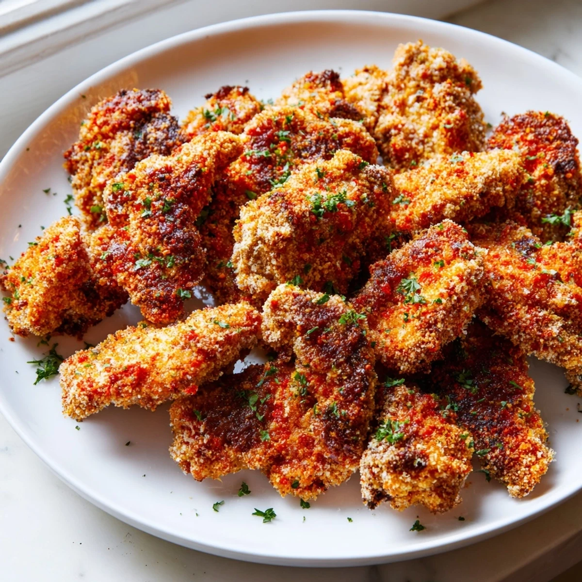 Golden crispy Paprika Parmesan Chicken on a baking sheet with fresh parsley garnish