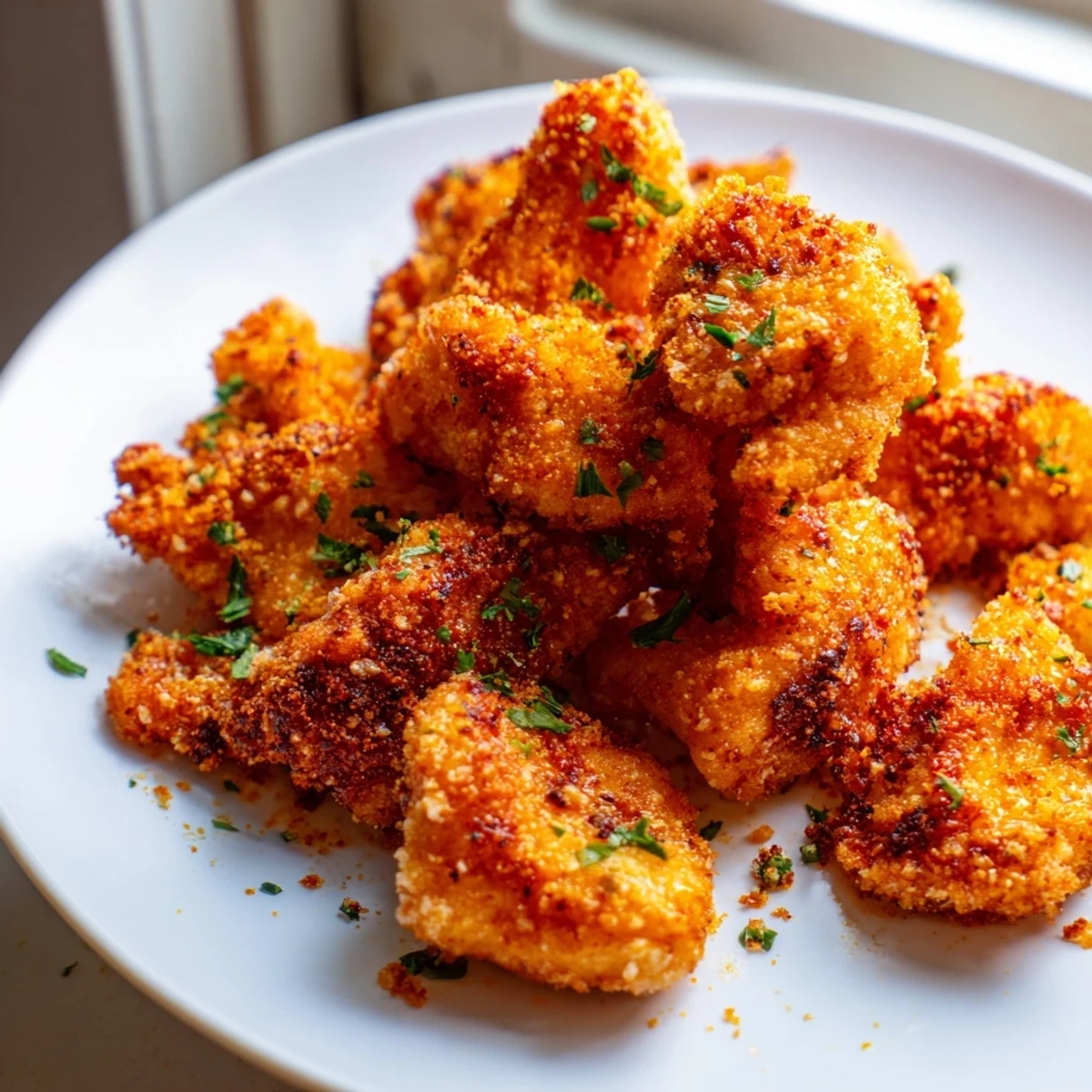 Smoky Paprika Parmesan Chicken with a crunchy golden Parmesan crust served on a white plate