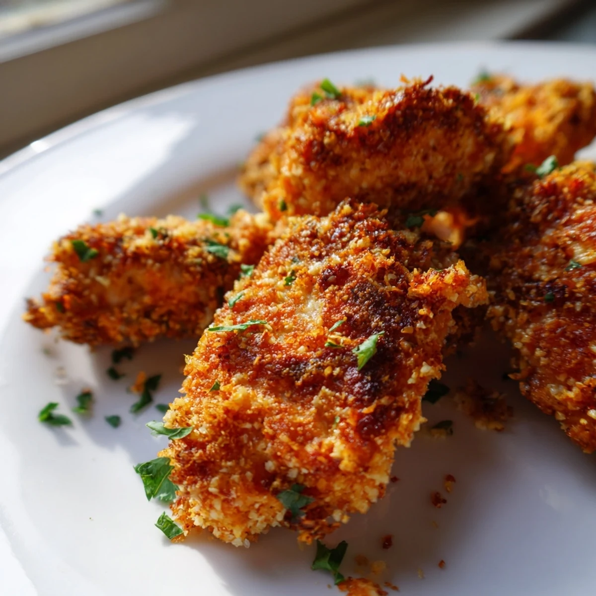 Juicy Paprika Parmesan Chicken breast sliced open revealing tender meat with lemon wedges alongside