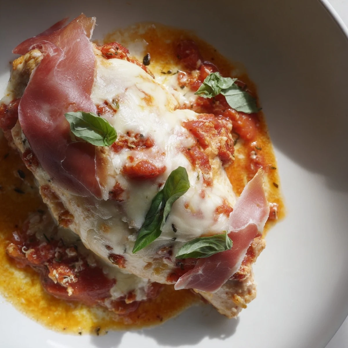 Golden Chicken Valdostana topped with melted Fontina and prosciutto in rich tomato sauce