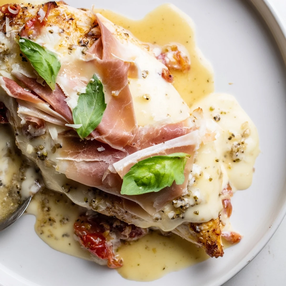 Crispy seared Chicken Valdostana bubbling with creamy cheese and savory ham garnished with basil