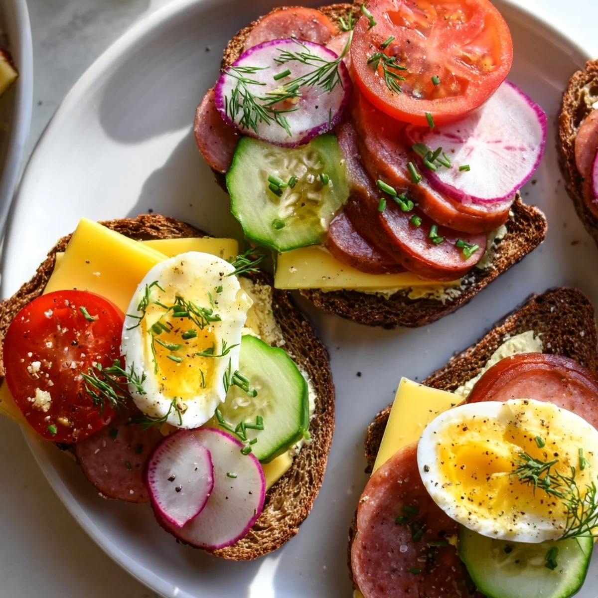 Open faced Polish sandwiches kanapki with kielbasa and fresh vegetables on rye