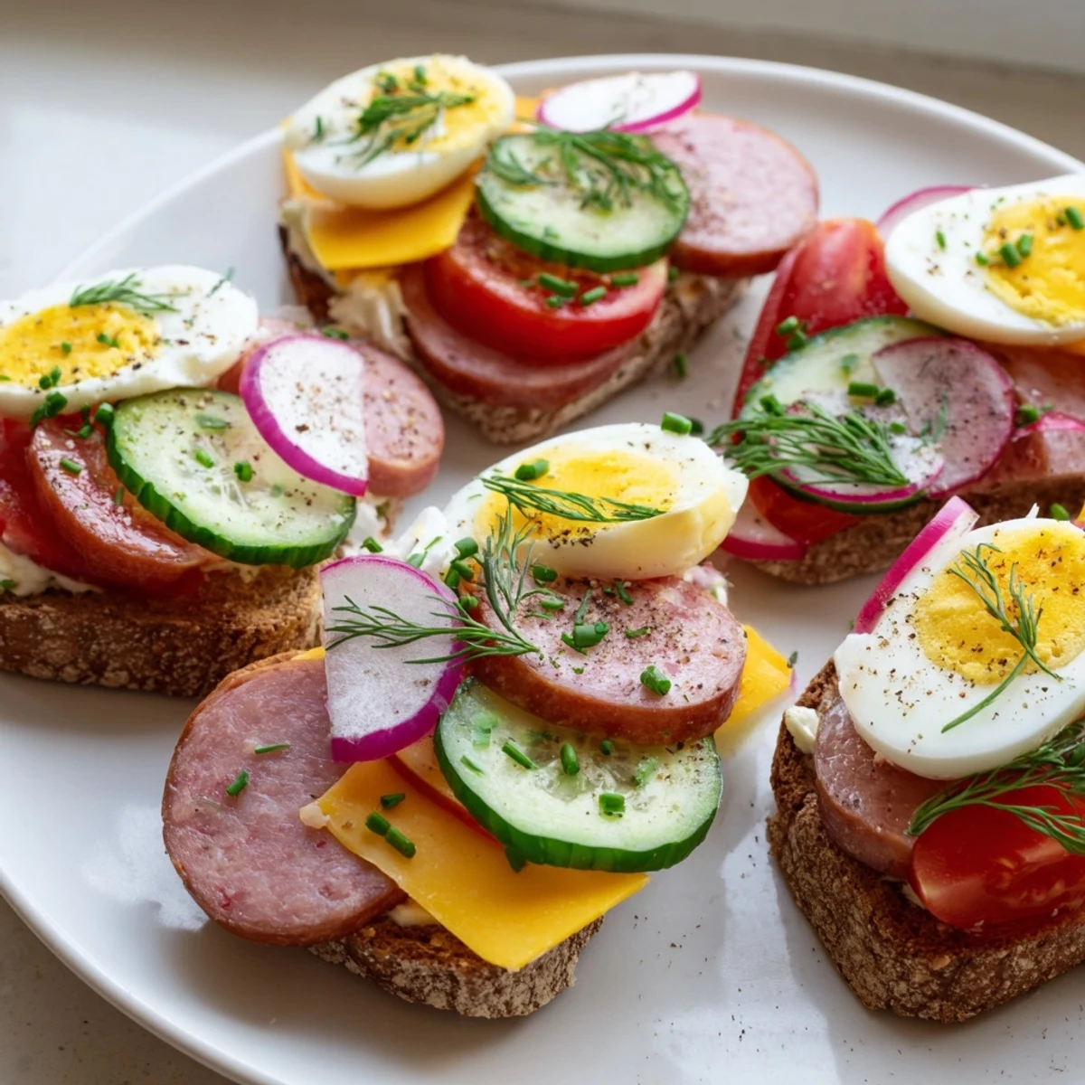 Crispy rye bread loaded with meats and veggies for open faced Polish sandwiches kanapki