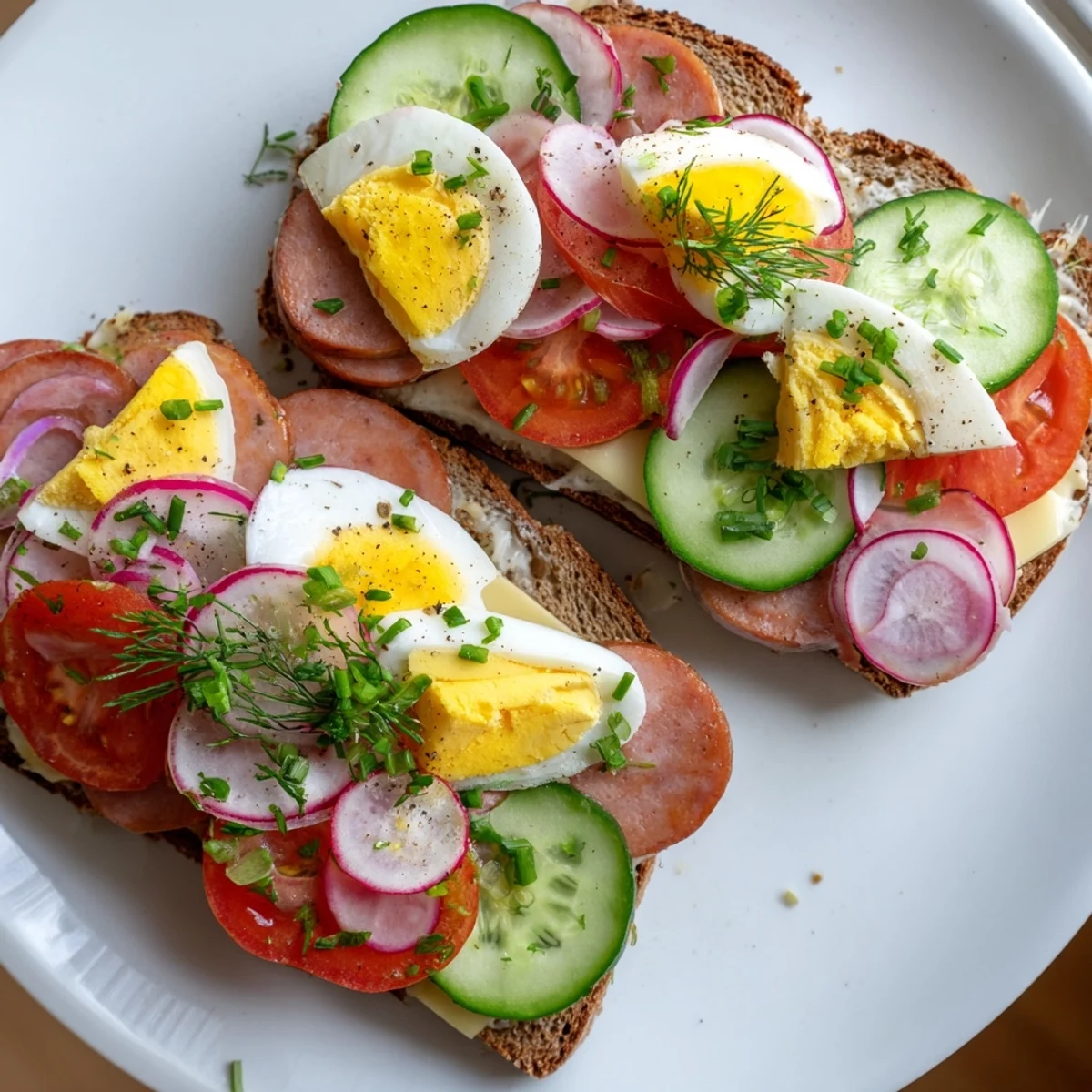 Colorful kanapki open faced Polish sandwiches topped with sliced egg and chives