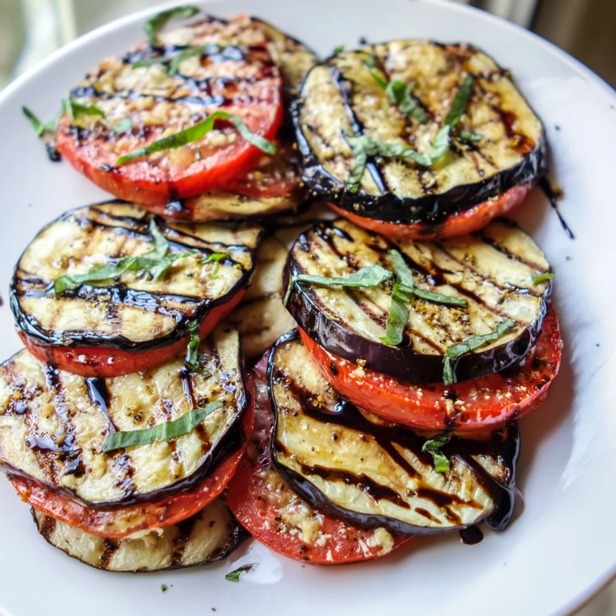 Smoky grilled tomato eggplant slices layered on a platter with fresh basil and balsamic glaze