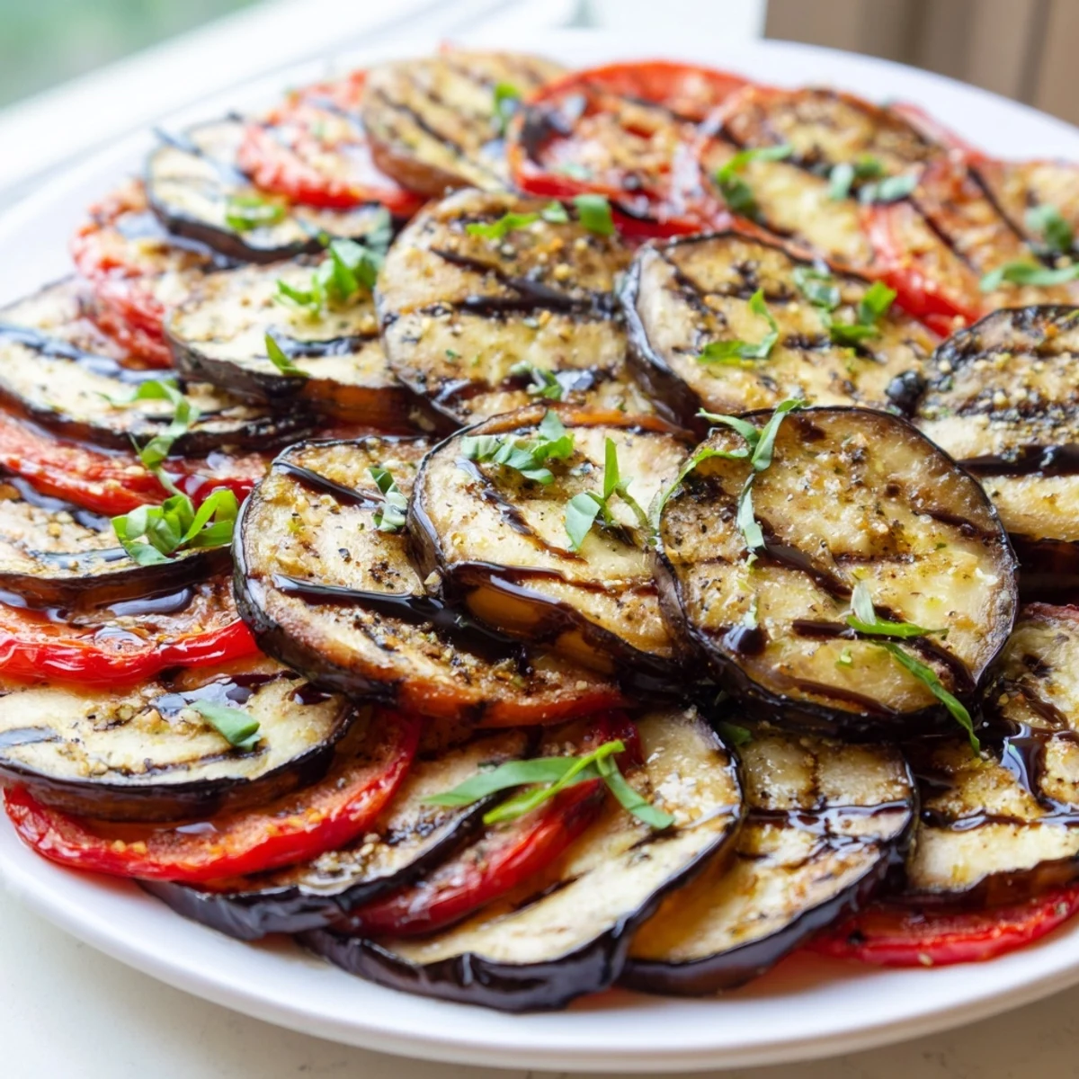 Tender charred grilled tomato eggplant arranged in alternating stacks drizzled with glossy balsamic reduction
