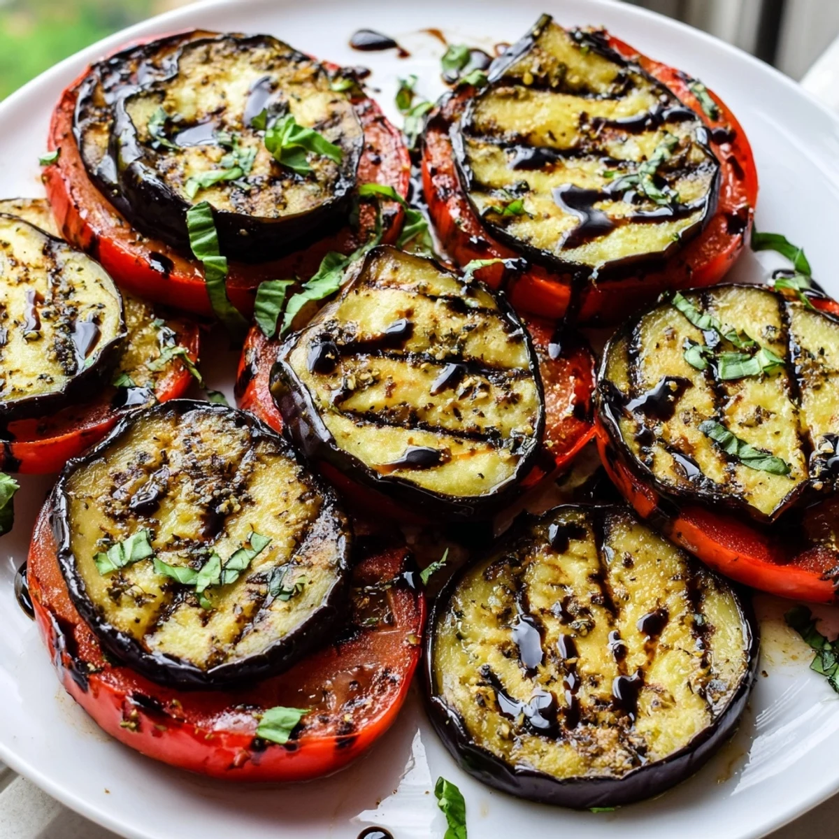 Golden grill-marked grilled tomato eggplant topped with fragrant basil leaves on a rustic serving dish