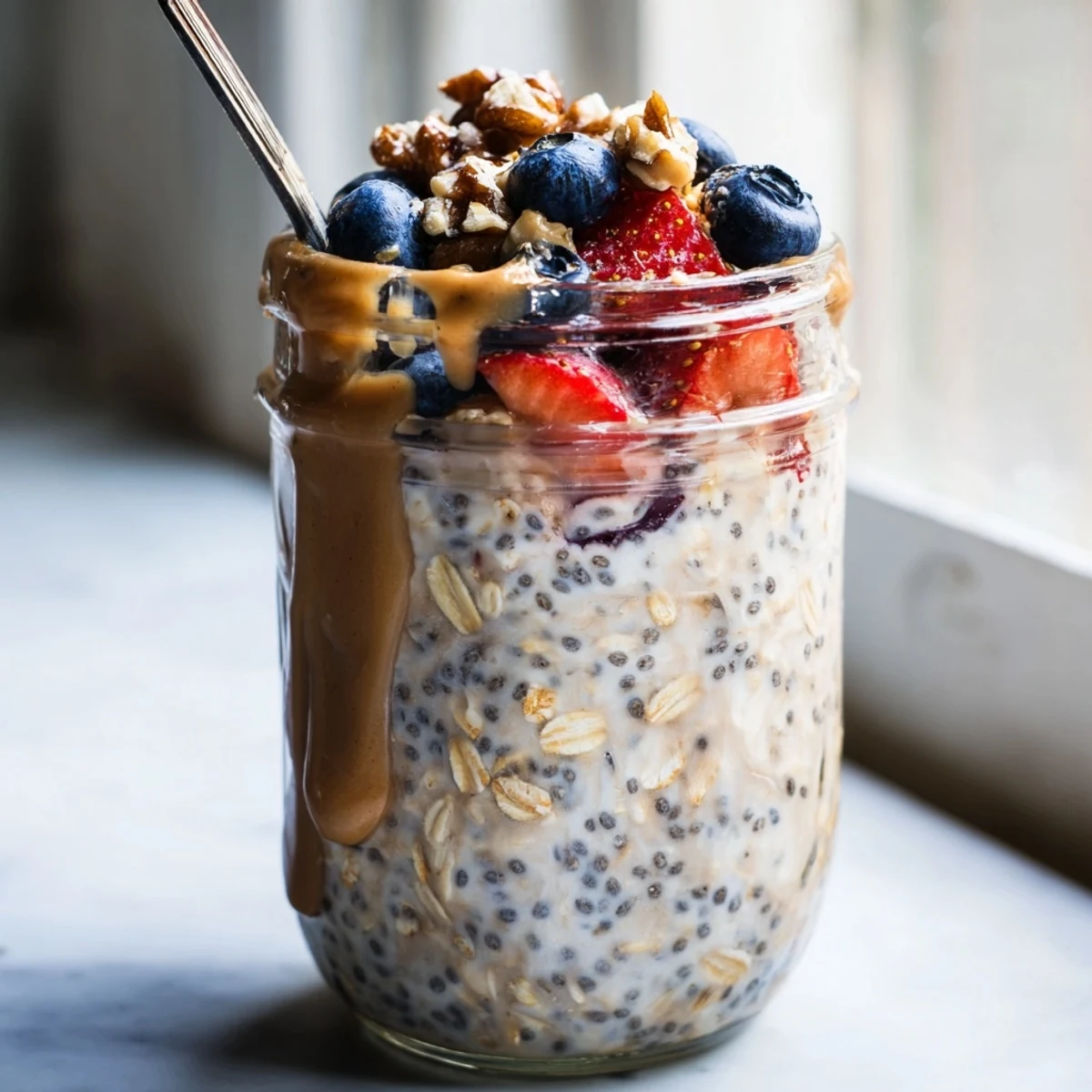 Creamy protein overnight oats topped with fresh berries and a nut butter drizzle