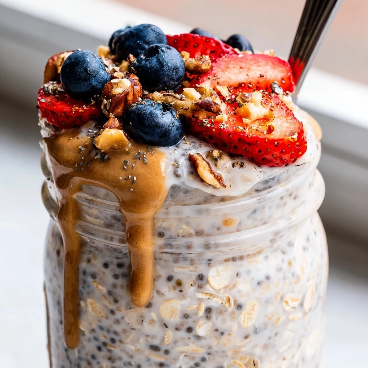 Thick vanilla protein overnight oats served in a jar with sliced banana