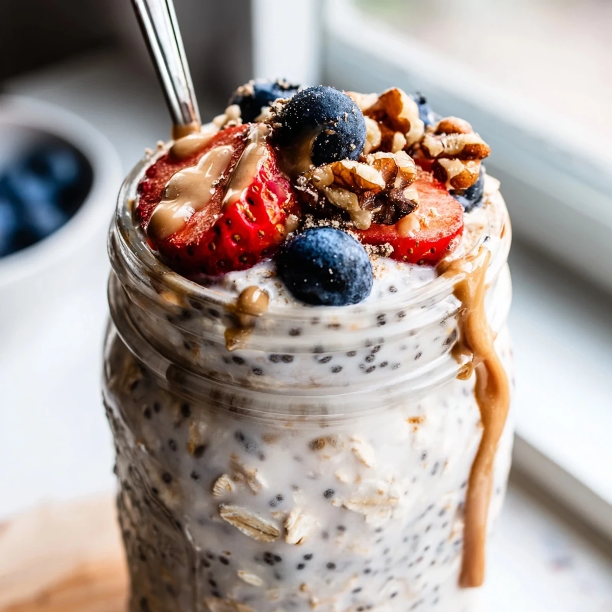 Chia-speckled protein overnight oats garnished with crunchy nuts and ripe strawberries
