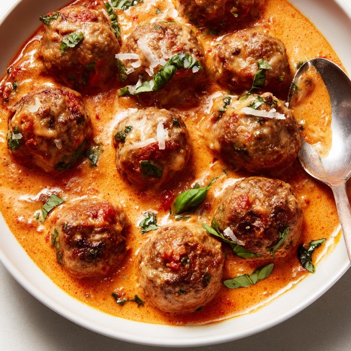 Golden brown meatballs nestled in creamy tomato basil sauce with fresh herb garnish