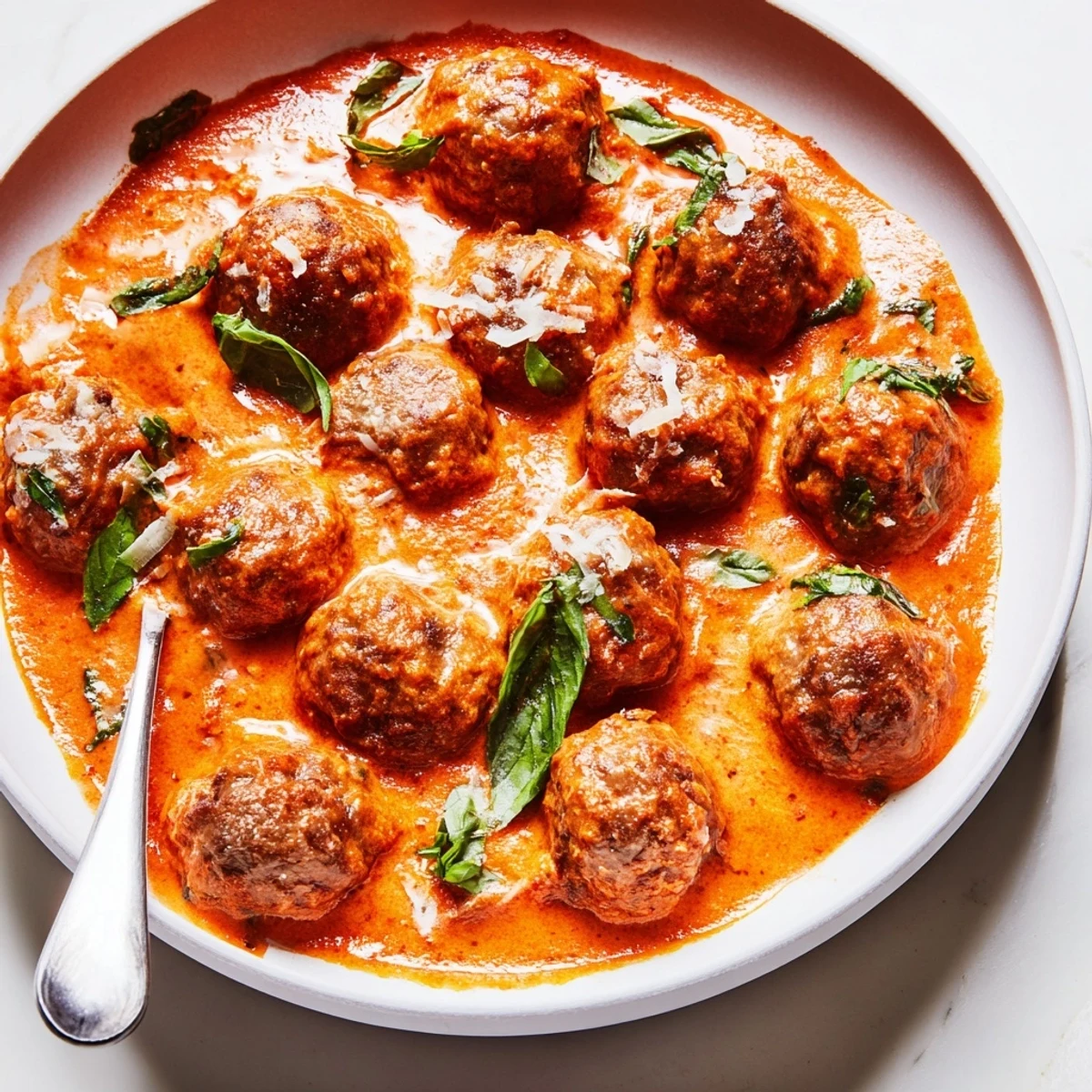 Creamy tomato basil meatballs swimming in a rich, velvety red sauce alongside al dente pasta