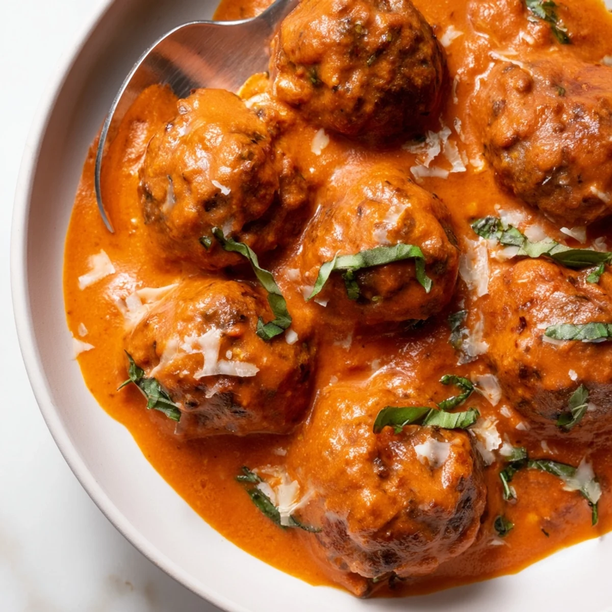 Skillet of tender creamy tomato basil meatballs topped with grated Parmesan and fragrant basil leaves