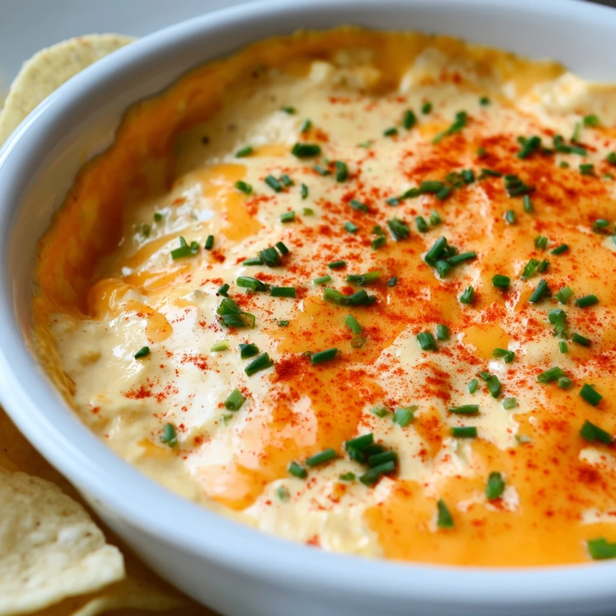 Warm cheese dip in a bowl garnished with chives beside tortilla chips