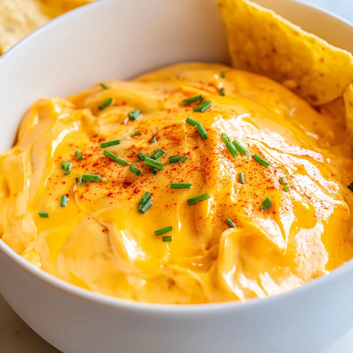 Bubbling cheese dip with melted cheddar scooped up by crispy chips