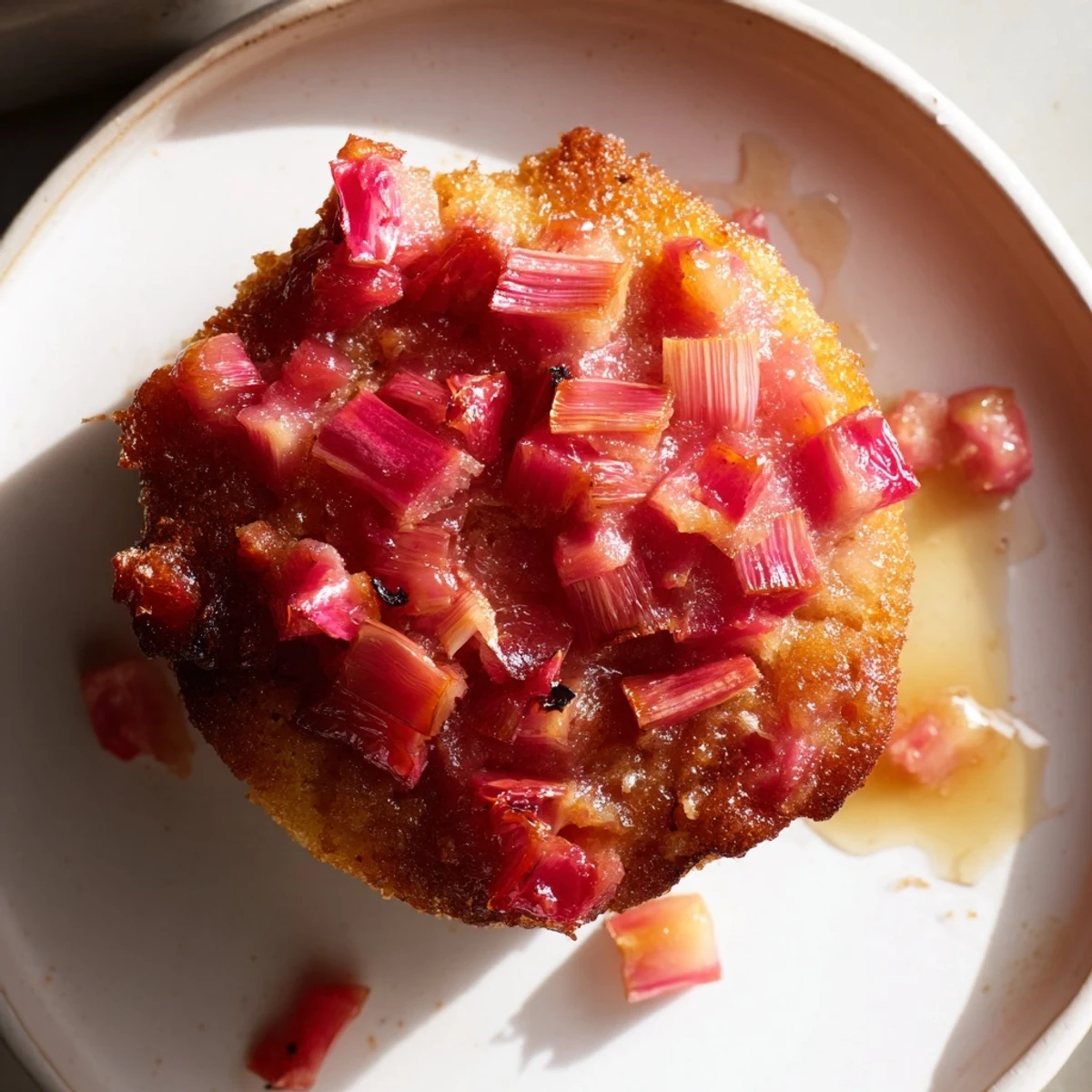 Golden upside down rhubarb muffins with caramelized pink fruit on a wire cooling rack