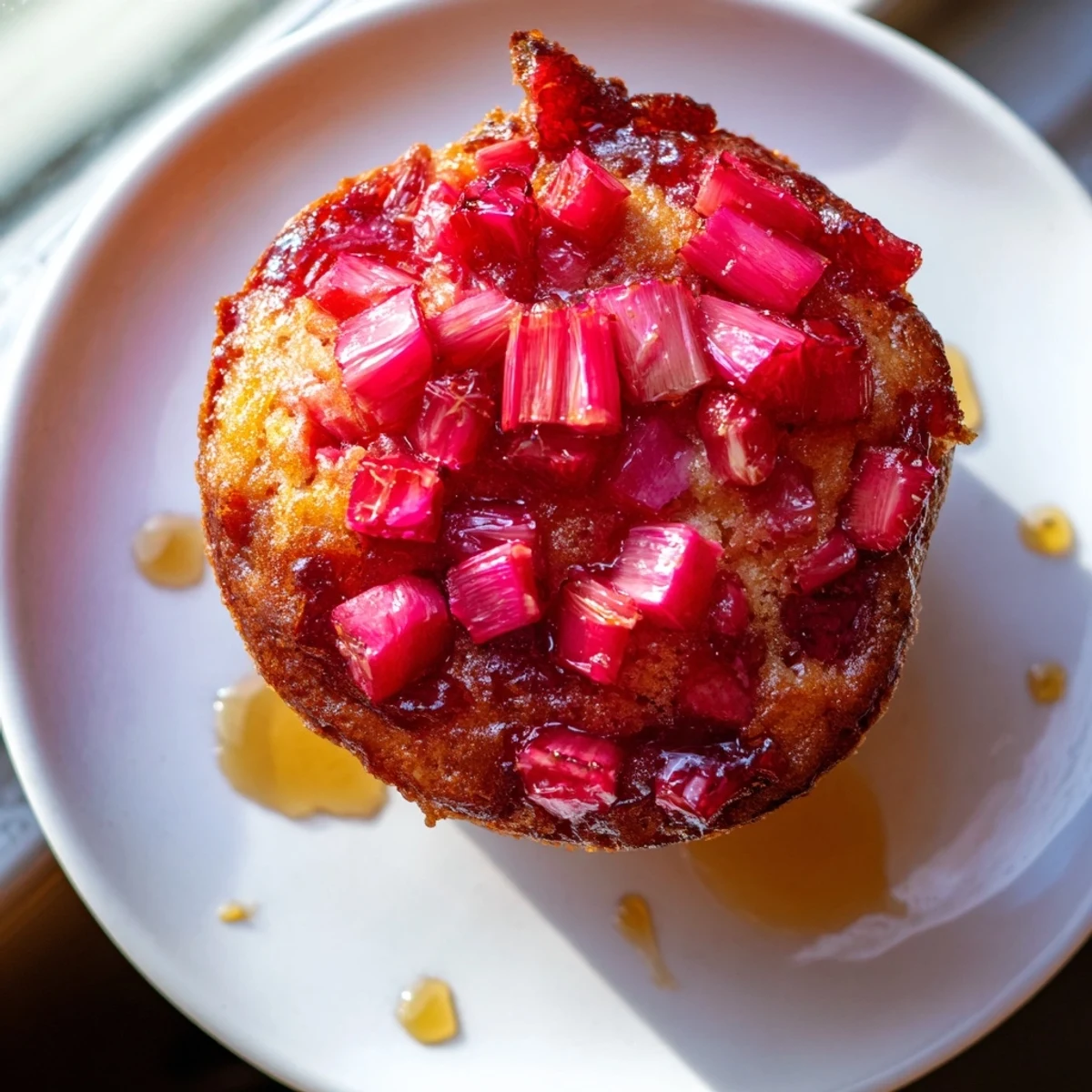 Moist upside down rhubarb muffins flipped to reveal glistening sweet-tart fruit toppings