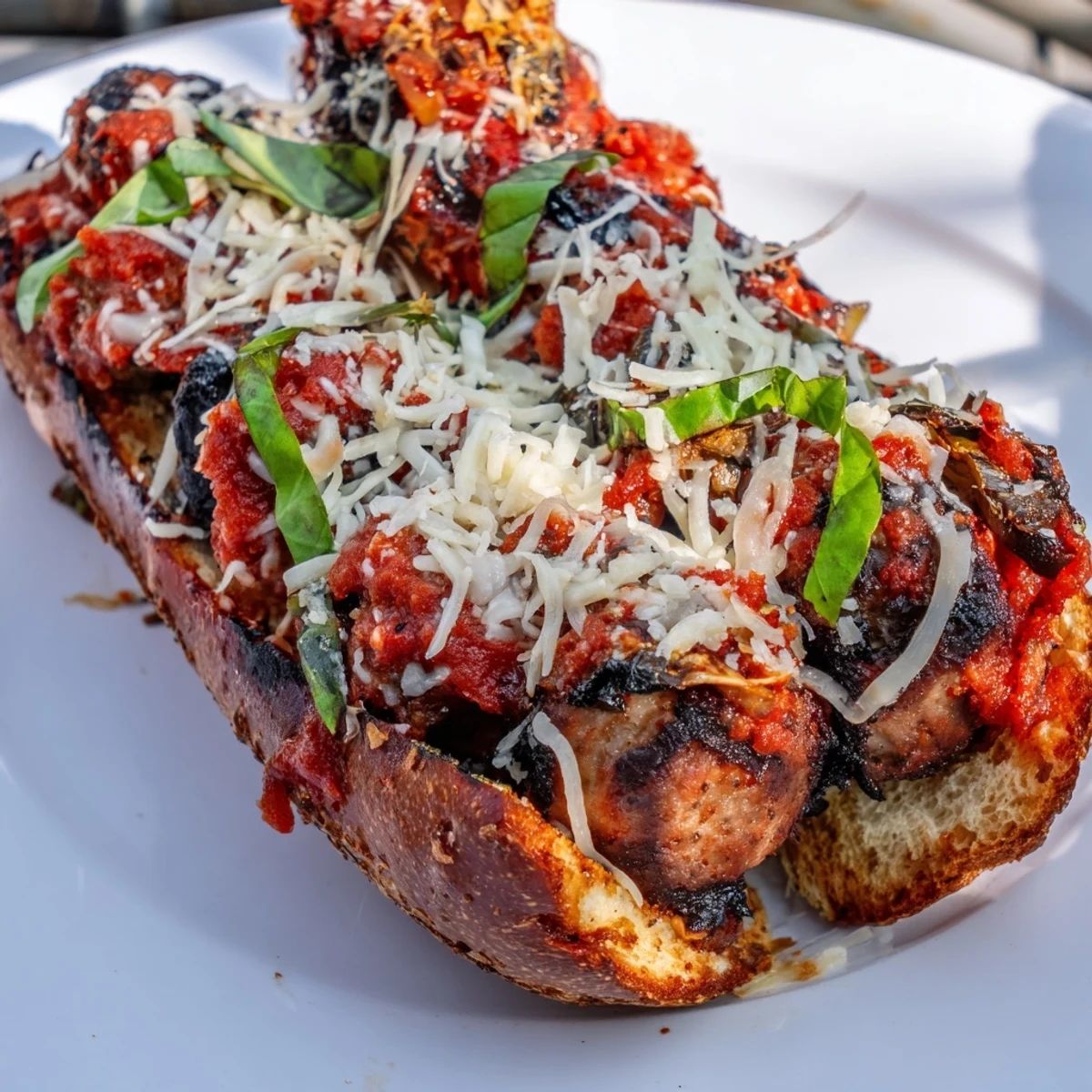 Smoky grilled sausage grinders with charred tomato sauce on crusty toasted rolls