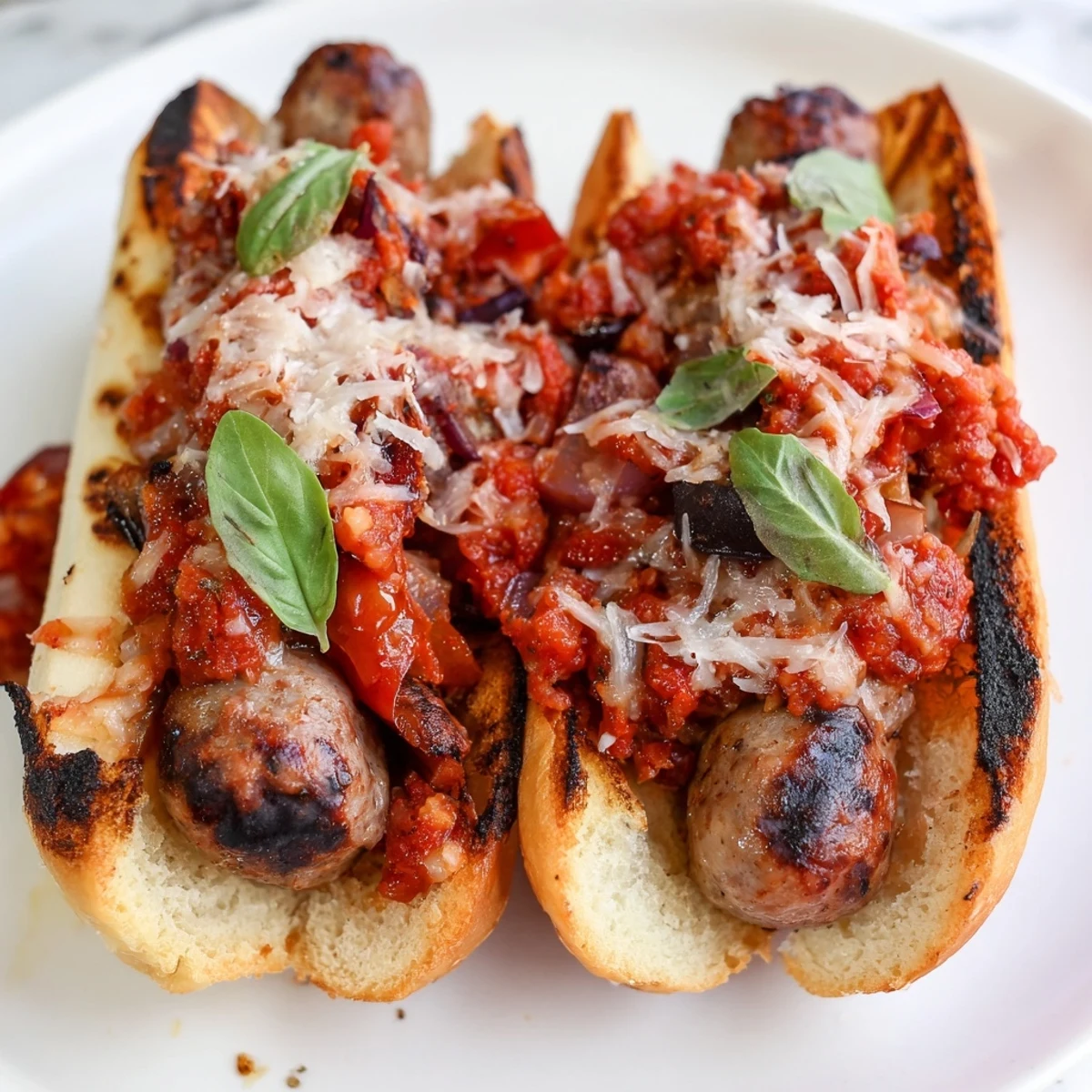Juicy Italian sausages in split hoagie rolls dripping with smoky grilled tomato sauce
