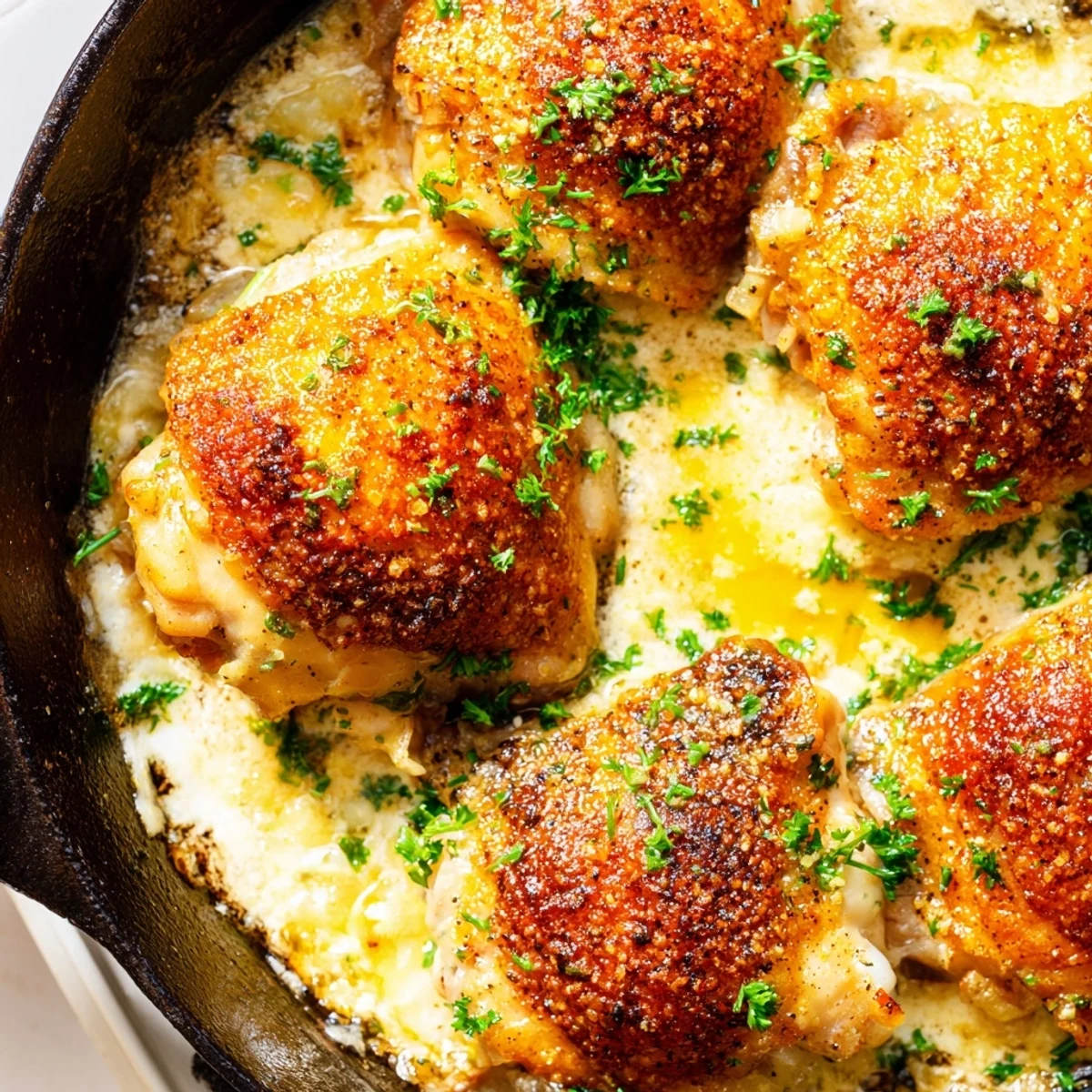 Golden crispy baked chicken thighs swimming in a creamy parmesan garlic sauce with herbs