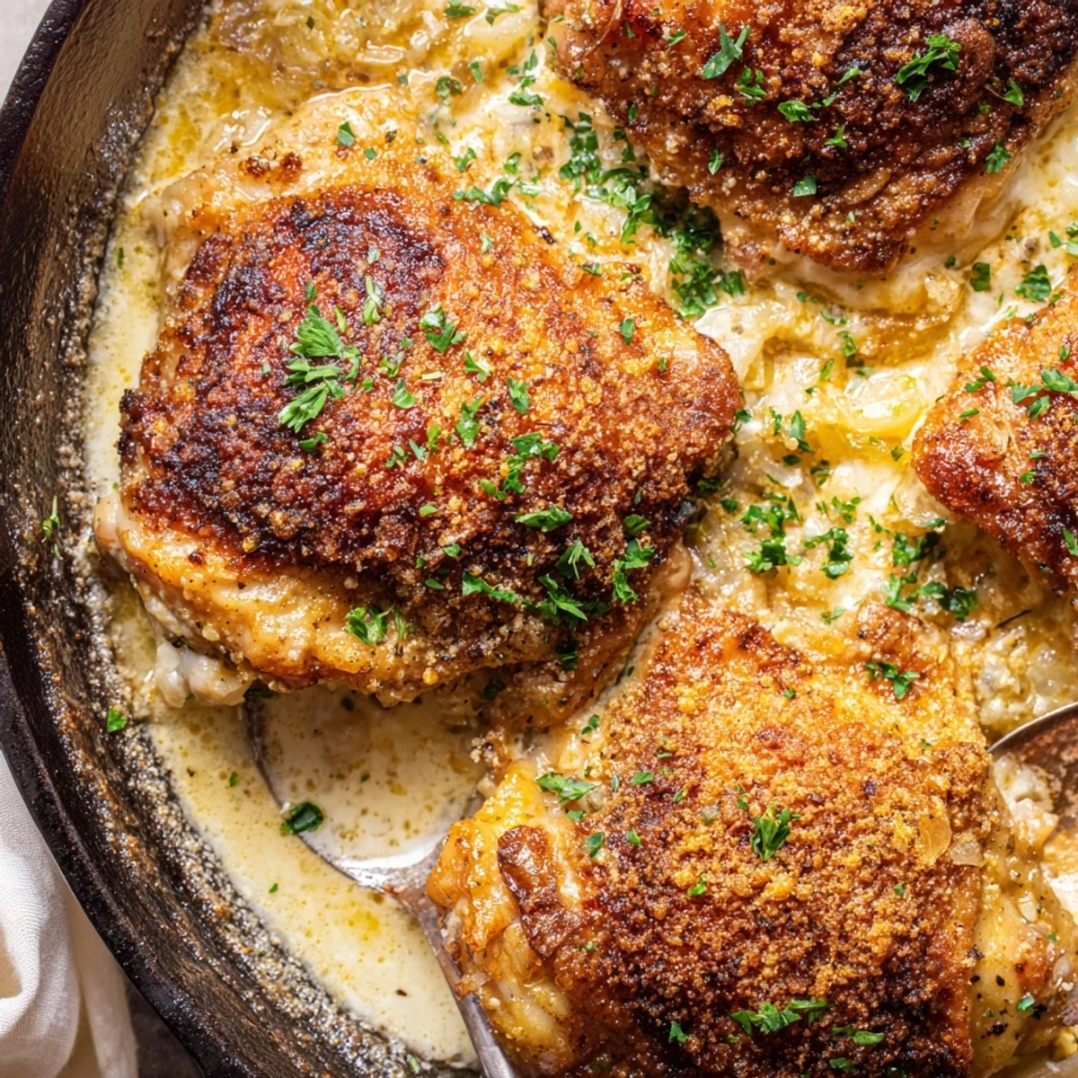Creamy oven baked chicken thighs with crispy skin served in a bubbling cheesy herb sauce