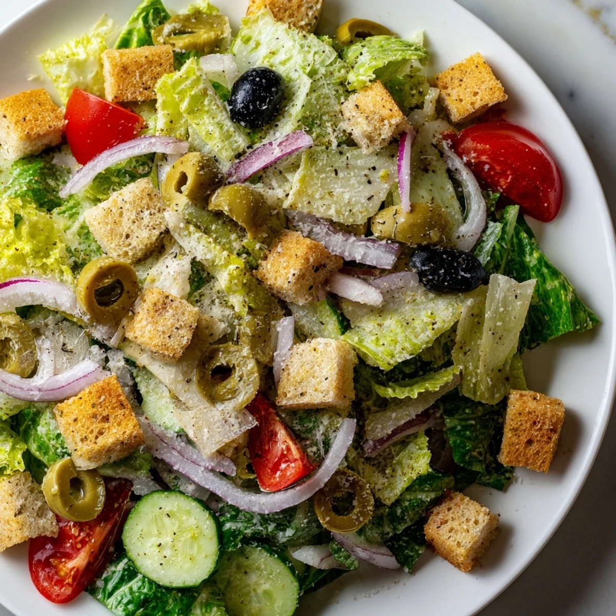 Fresh romaine Olive Garden Salad with pepperoncini, black olives, and creamy vinaigrette