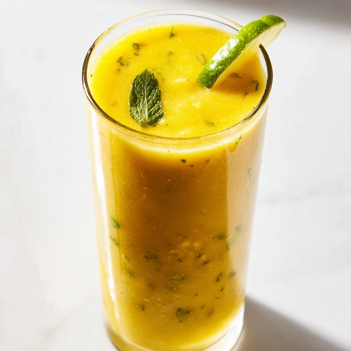 Creamy mango cucumber smoothie poured into a glass with fresh mint garnish