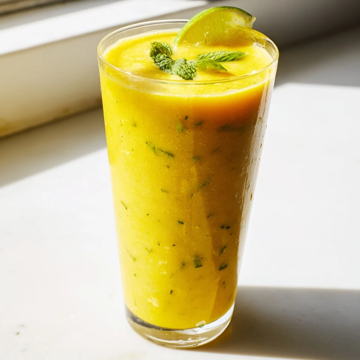 Thick tropical mango cucumber smoothie blended smooth with ripe fruit and coconut water