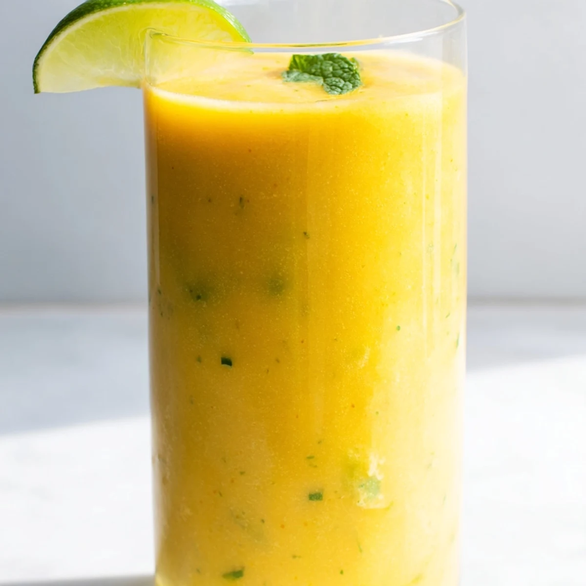 Vibrant yellow mango cucumber smoothie served chilled in two tall glasses