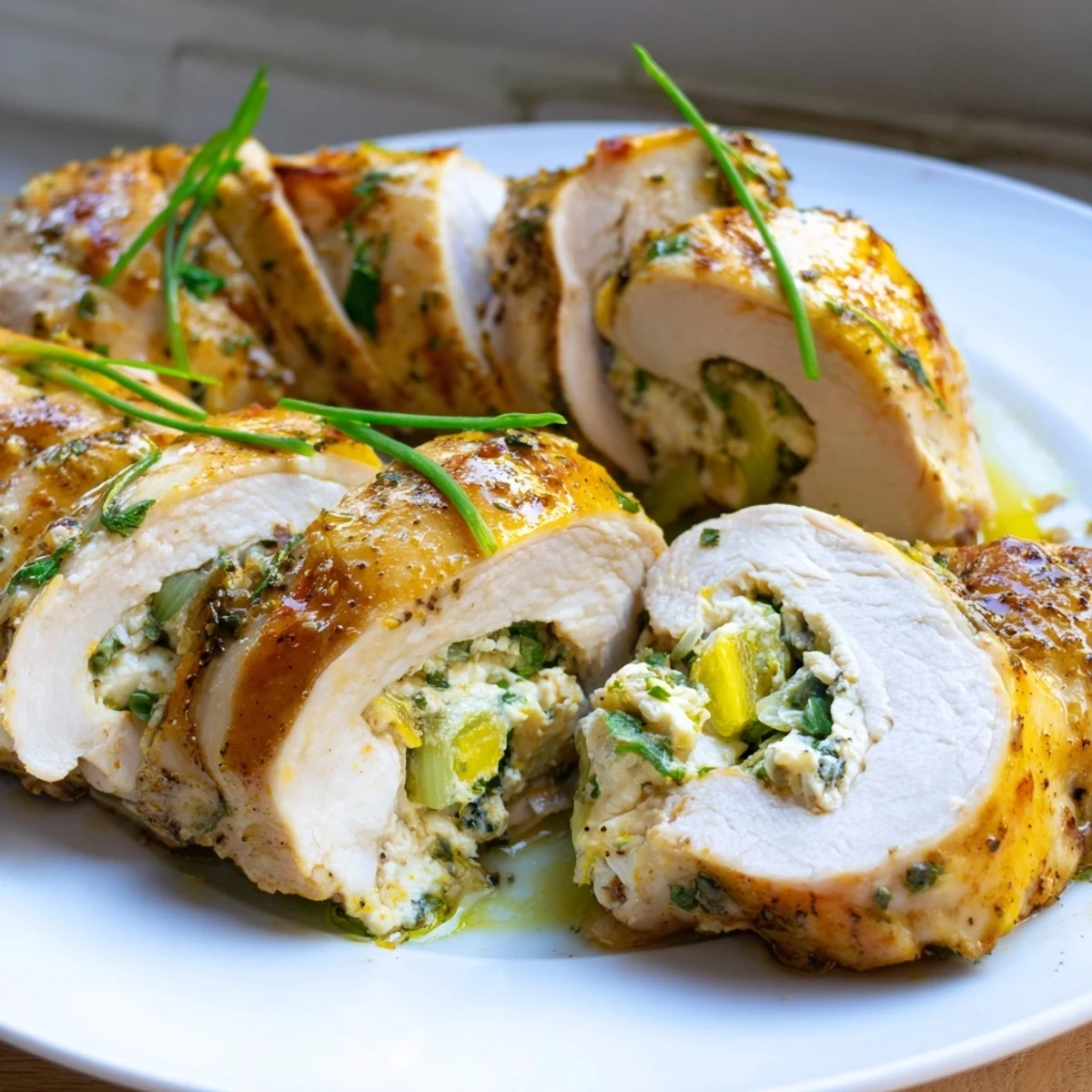 Golden goat cheese chicken breasts fresh from the oven, oozing creamy herb filling