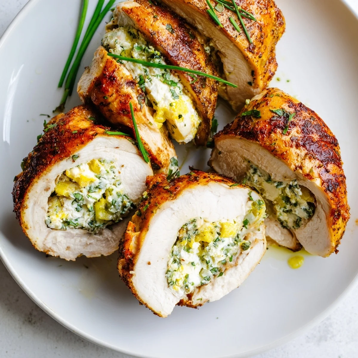 Juicy sliced goat cheese chicken on a white plate with fresh herbs