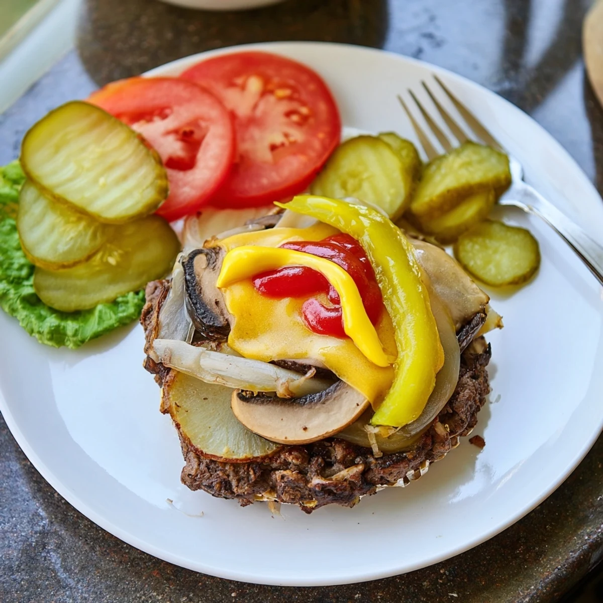 Juicy seasoned beef patty topped with melted cheddar over roasted vegetables in an open foil hobo packet