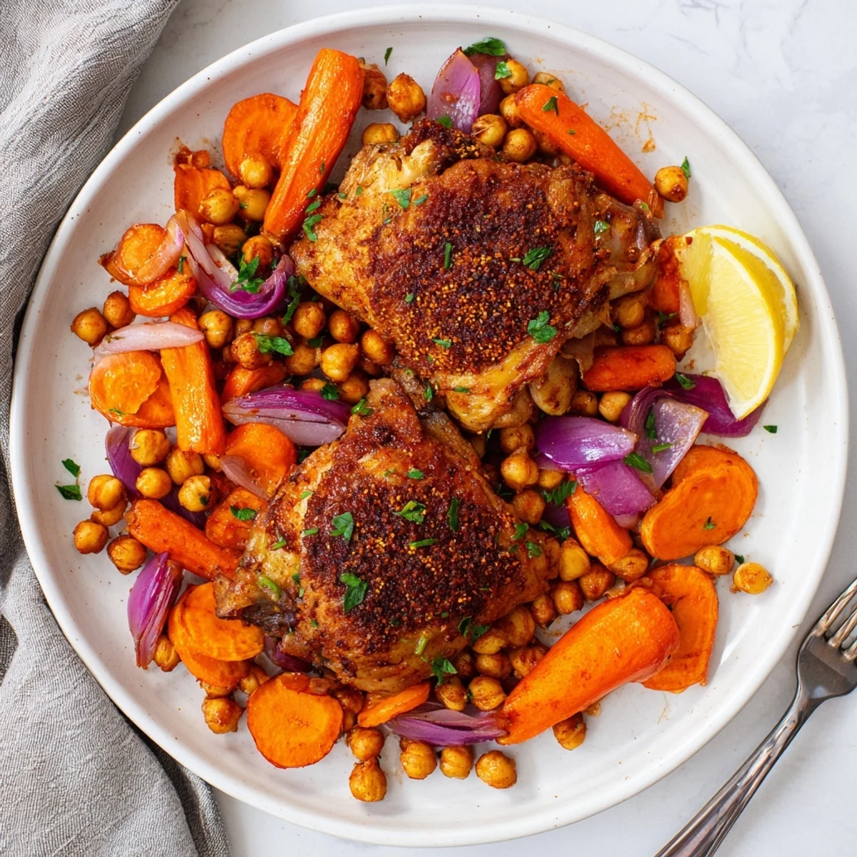 Golden sumac chicken with carrots and chickpeas roasted on a sheet pan