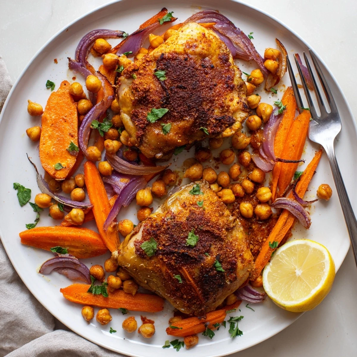 Juicy sumac chicken thighs nestled beside roasted carrots and spiced chickpeas with lemon