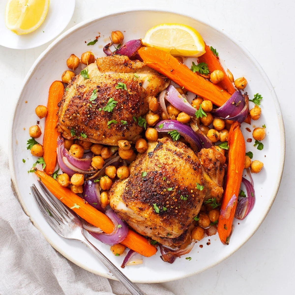 Tender sumac chicken served over caramelized carrots and crispy chickpeas with parsley