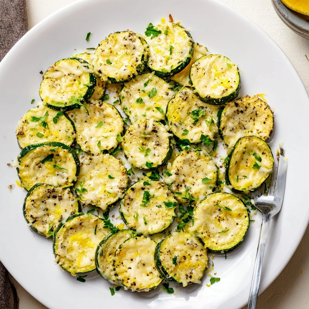 Golden Parmesan crusted lemon pepper zucchini rounds fresh from the oven on parchment paper.
