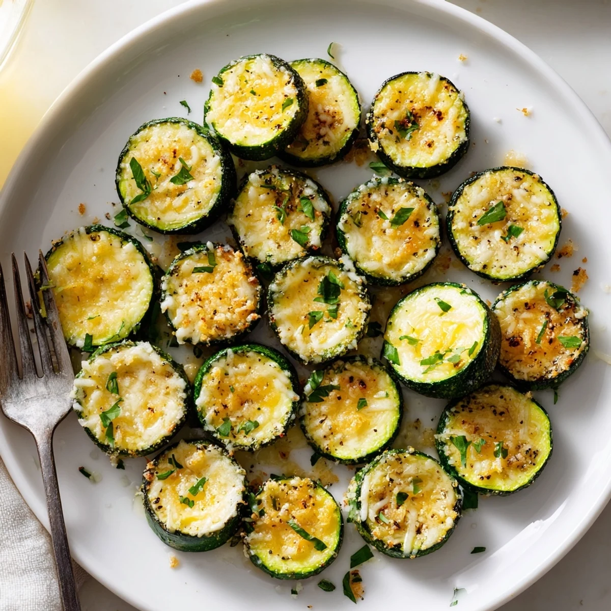 Tender zucchini slices coated in melted Parmesan with bright lemon zest and cracked pepper.