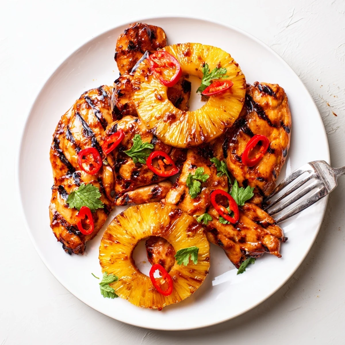 Juicy chili pineapple grilled chicken with caramelized fruit and fresh cilantro on a rustic plate