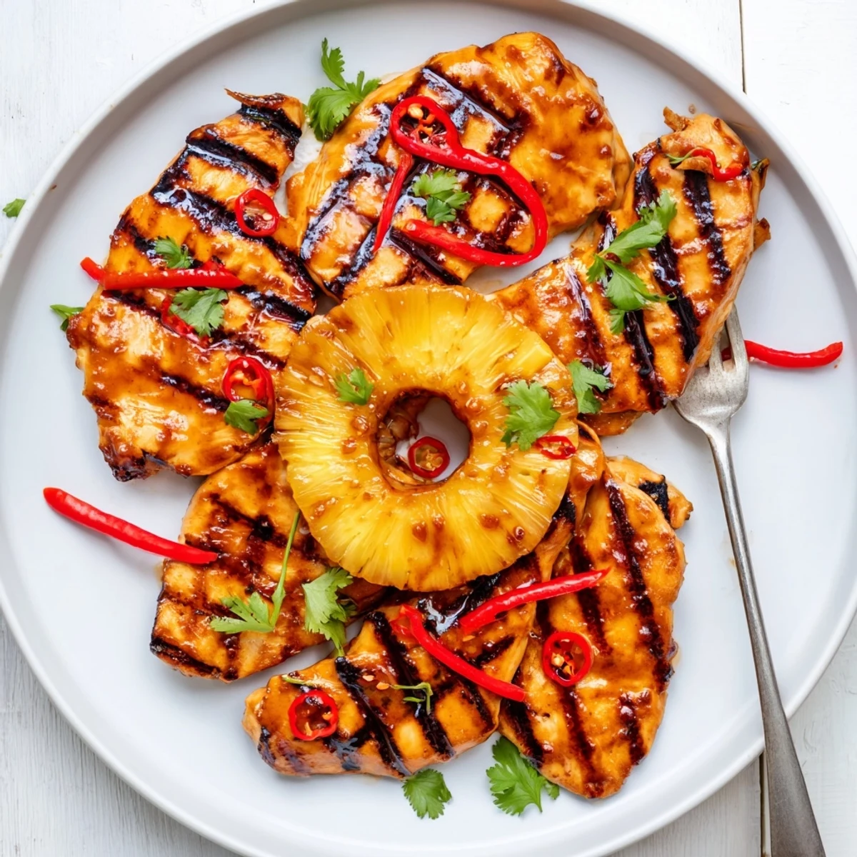 Golden chili pineapple grilled chicken sliced open showing tender meat beside charred pineapple rings