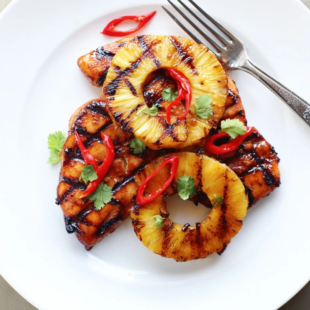 Spicy chili pineapple grilled chicken garnished with red chili slices and herbs on a platter