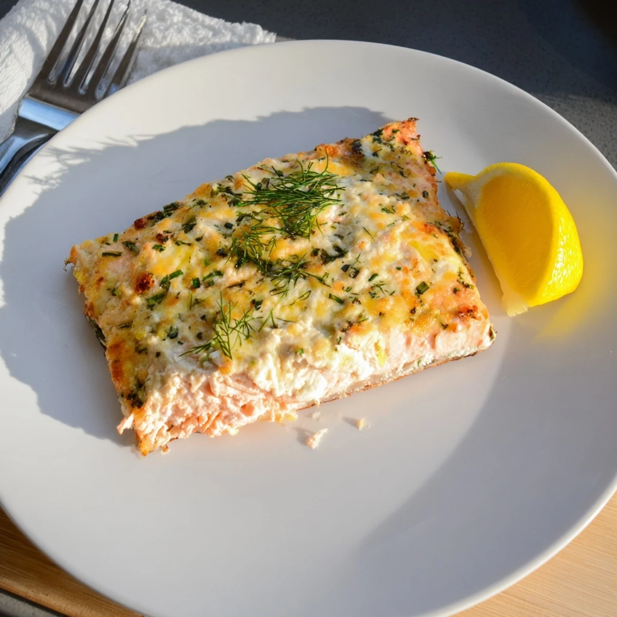 Boursin salmon fillets topped with melted cheese and bright lemon wedges